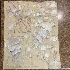 20 inches by 18 inches. Done with metallic acrylic paint and ink on a blue print